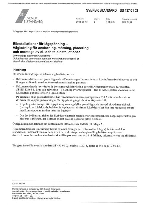 SS 437 01 02 Elinstallationer för lågspänning. Utg 2
