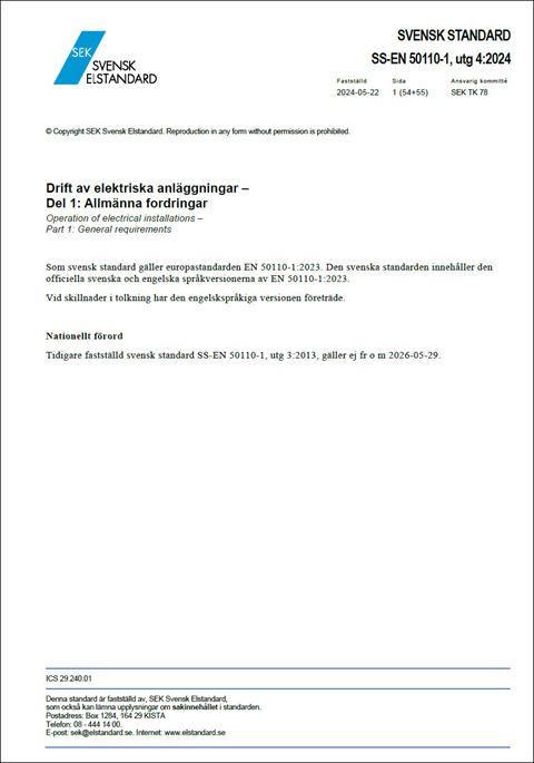 E-BOK SS-EN 50110-1:2024 Drift av elektriska anläggningar